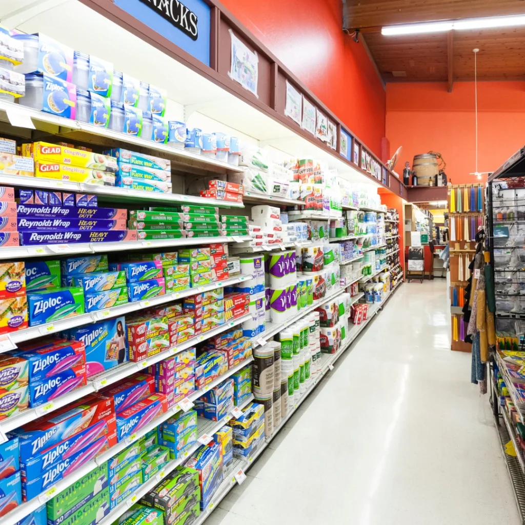 Grocery store aisle stocked with daily household essentials and food items.