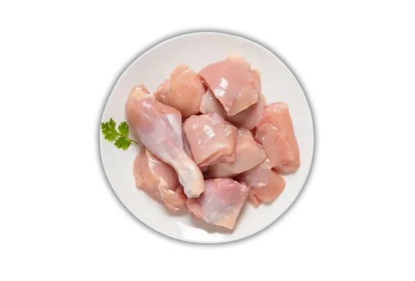 Fresh Raw Chicken Curry Cut - 1kg Pack Plate of fresh, pink, raw chicken curry cut pieces with skinless drumsticks and breast pieces. Order fresh halal chicken online from Seohara Express in Seohara, Bijnor.