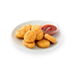 Bowl filled with golden crispy chicken nuggets with some nuggets falling from above. Best frozen chicken snacks delivery service in Seohara.