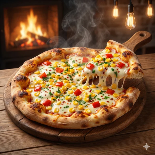 Cheesy Golden Corn Pizza - Loaded with Cheese & Red Paprika Delicious Cheesy Golden Corn Pizza slice with cheese pull, topped with yellow corn and red paprika on a wooden peel at Seohara Express.