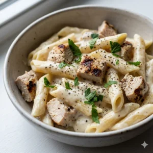 Chicken Creamy Pasta - White Sauce Chicken Penne Delicious bowl of creamy white sauce pasta loaded with chicken chunks at Seohara Express.