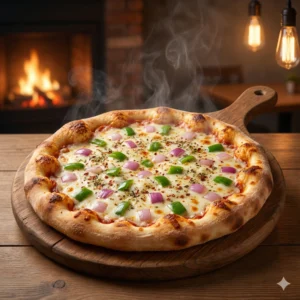 Freshly baked Classic Veggie Crunch Pizza with green capsicum and red onion toppings on a wooden peel - Best Veg Pizza in Seohara