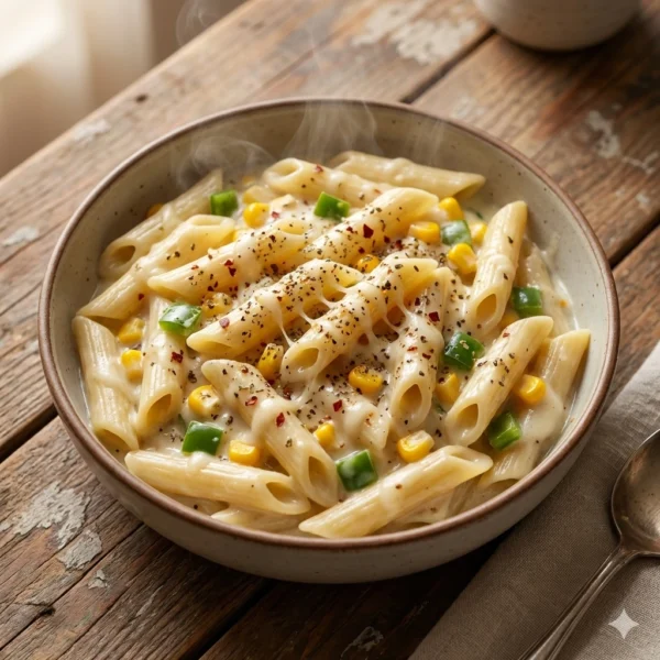 Creamy White Sauce Pasta - Cheesy Italian Penne Bowl of delicious creamy white sauce penne pasta with corn and herbs at Seohara Express.