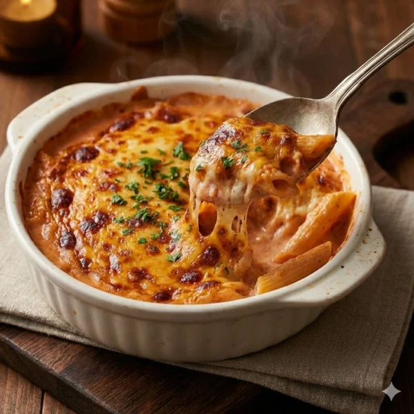 Oven baked pasta dish with golden brown cheese crust and pink sauce served hot at Seohara Express.