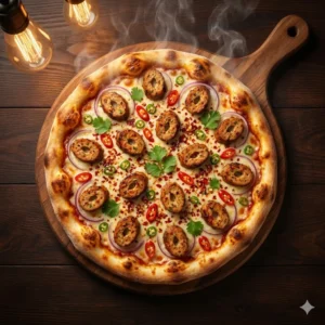 Delicious Chicken Seekh Kebab Pizza topped with roasted kebab slices, onion and coriander on a fresh dough base.