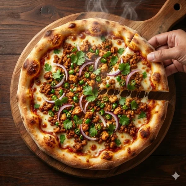 Spicy Chicken Keema Pizza - Mughlai Style Desi style Chicken Keema Pizza topped with minced chicken, green chillies and onions.