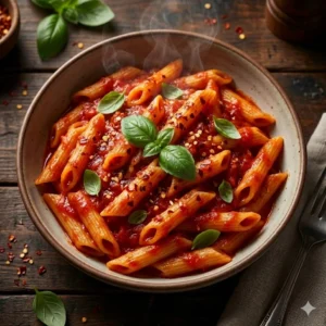 Bowl of spicy red sauce penne pasta garnished with basil and chilli flakes at Seohara Express.