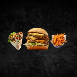 Seohara Express ka The Heavy Trio Meal jisme hai juicy Chicken Smash Burger, spicy Chicken Seekh Roll aur Peri Peri Fries.