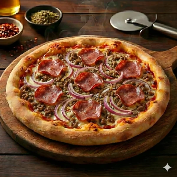 Chicken meatzzarella Pizza - Seohara Express Delicious Chicken Meatzzarella Pizza loaded with red onions and melted mozzarella cheese on a wooden board.